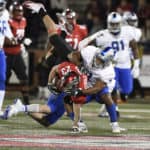 Western Kentucky Hilltoppers wide receiver Cameron Echols-Luper (23) gets up ended by Middle Tennessee Blue Raiders safety Jovante Moffatt (7) during the first half on November 17, 2017 at Houchens Industries-L. T. Smith Stadium in Bowling Green, KY.