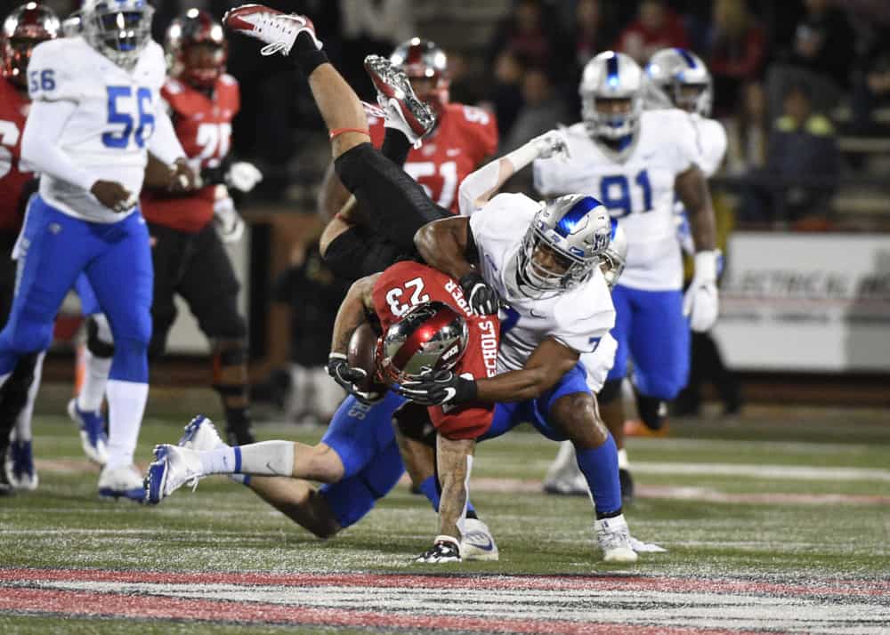 Western Kentucky Hilltoppers wide receiver Cameron Echols-Luper (23) gets up ended by Middle Tennessee Blue Raiders safety Jovante Moffatt (7) during the first half on November 17, 2017 at Houchens Industries-L. T. Smith Stadium in Bowling Green, KY.