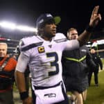 Seattle Seahawks Quarterback Russell Wilson (3) celebrates after the NFL Playoff Game between the Seattle Seahawks and Philadelphia Eagles on January 05, 2020 at Lincoln Financial Field in Philadelphia, PA.