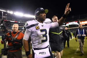 Seattle Seahawks Quarterback Russell Wilson (3) celebrates after the NFL Playoff Game between the Seattle Seahawks and Philadelphia Eagles on January 05, 2020 at Lincoln Financial Field in Philadelphia, PA.