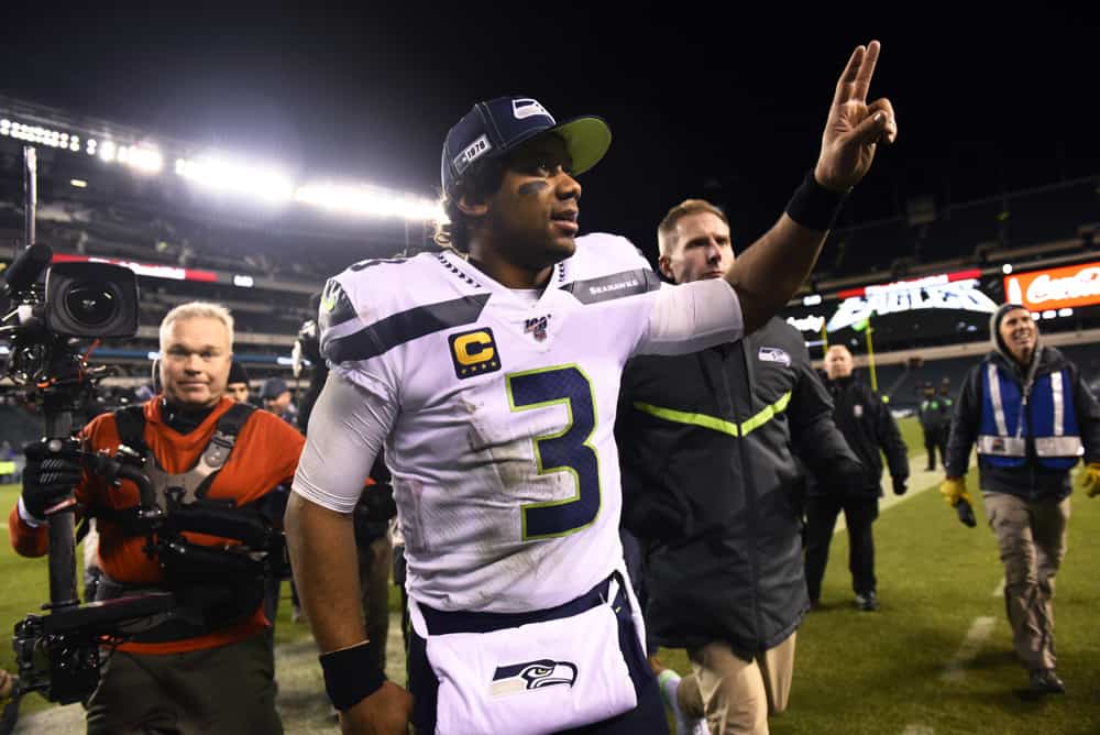 Seattle Seahawks Quarterback Russell Wilson (3) celebrates after the NFL Playoff Game between the Seattle Seahawks and Philadelphia Eagles on January 05, 2020 at Lincoln Financial Field in Philadelphia, PA. 