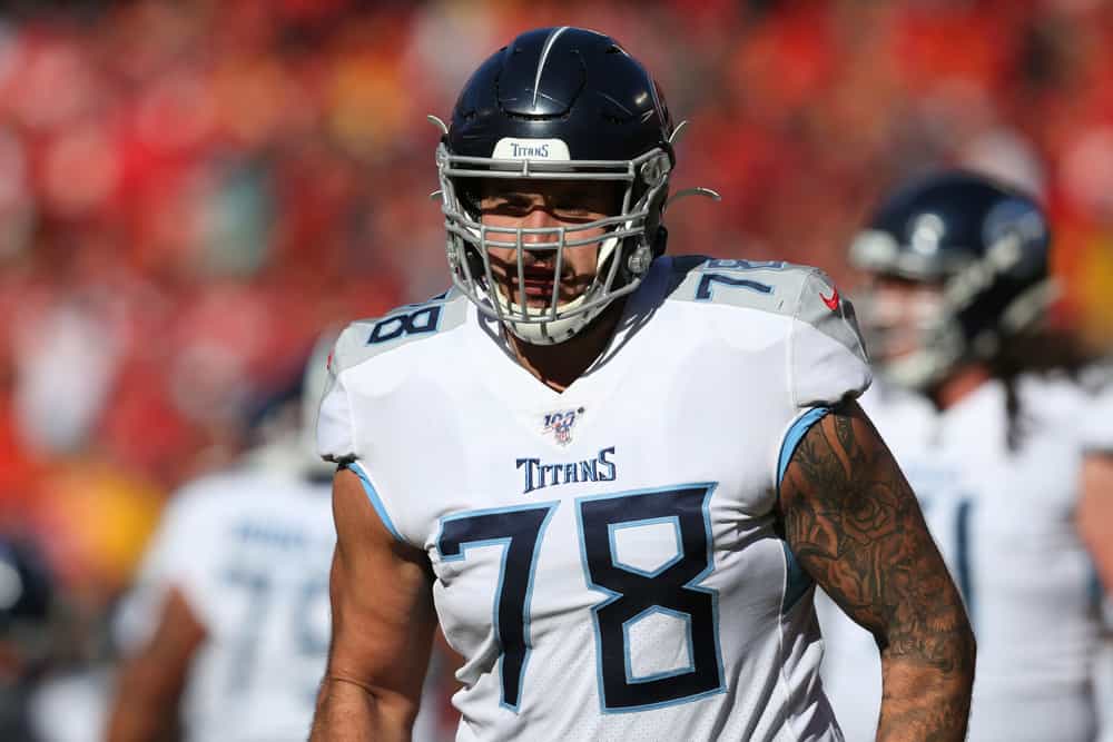 Tennessee Titans offensive tackle Jack Conklin (78) before the AFC Championship game between the Tennessee Titans and Kansas City Chiefs on January 19, 2020 at Arrowhead Stadium in Kansas City, MO.
