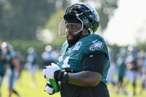 Philadelphia Eagles offensive tackle Jason Peters (71) in action during the Eagles Training camp on August 1, 2019 at the NovaCare Training Complex in Philadelphia, PA.