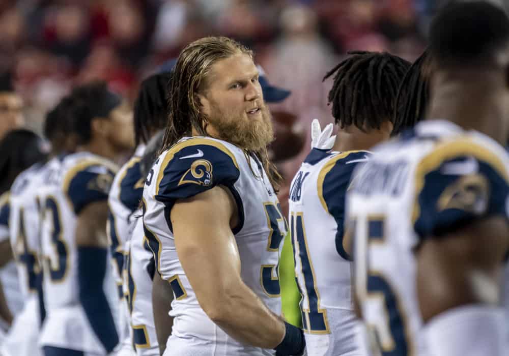 Los Angeles Rams outside linebacker Clay Matthews (52) chats with teammates before kickoff in the game between the Los Angeles Rams and the San Francisco 49ers on Saturday, December 21, 2019 at Levi's Stadium in Santa Clara, California.