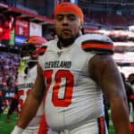 Cleveland Browns offensive tackle Kendall Lamm (70) looks on before the NFL football game between the Cleveland Browns and the Arizona Cardinals on December 15, 2019 at State Farm Stadium in Glendale, Arizona.