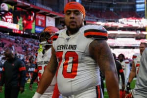 Cleveland Browns offensive tackle Kendall Lamm (70) looks on before the NFL football game between the Cleveland Browns and the Arizona Cardinals on December 15, 2019 at State Farm Stadium in Glendale, Arizona.