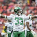 New York Jets Safety Jamal Adams (33) after an interception during a NFL game between the Washington Redskins and the New York Jets on November 17, 2019 at Fedex Field, in Landover, Maryland.