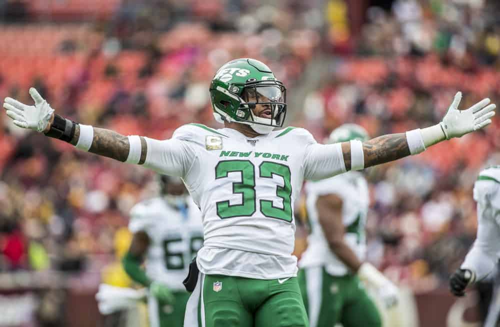 New York Jets Safety Jamal Adams (33) after an interception during a NFL game between the Washington Redskins and the New York Jets on November 17, 2019 at Fedex Field, in Landover, Maryland.