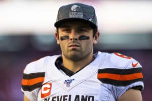 Cleveland Browns quarterback Baker Mayfield (6) during the NFL regular season football game against the San Francisco 49ers on Monday, Oct. 7, 2019 at Levi's Stadium in Santa Clara, Calif.