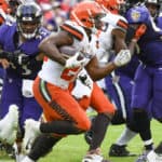 Cleveland Browns running back Nick Chubb (24) runs the ball in the third quarter against the Baltimore Ravens on September 29, 2019, at M&T Bank Stadium in Baltimore, MD.