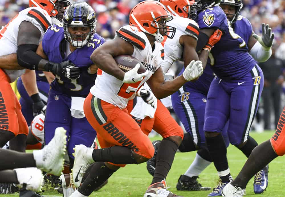 Cleveland Browns running back Nick Chubb (24) runs the ball in the third quarter against the Baltimore Ravens on September 29, 2019, at M&T Bank Stadium in Baltimore, MD.