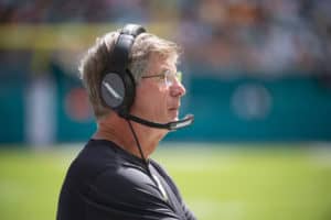 Washington Redskins Interim Head Coach Bill Callahan on the sidelines during the NFL game between the Washington Redskins and the Miami Dolphins at the Hard Rock Stadium in Miami Gardens, Florida on October 13, 2019.