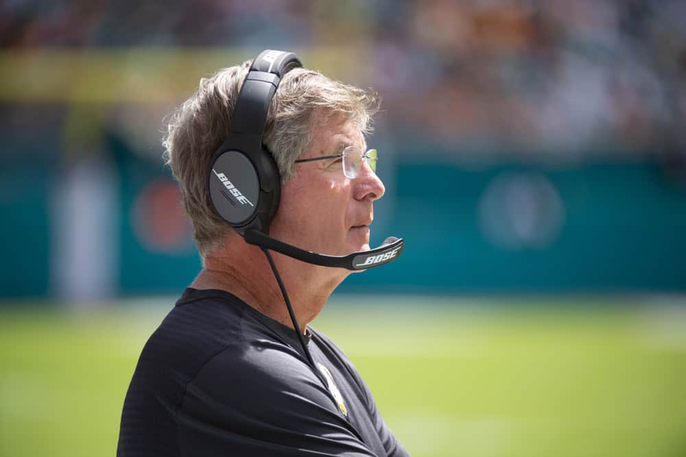 Washington Redskins Interim Head Coach Bill Callahan on the sidelines during the NFL game between the Washington Redskins and the Miami Dolphins at the Hard Rock Stadium in Miami Gardens, Florida on October 13, 2019. 