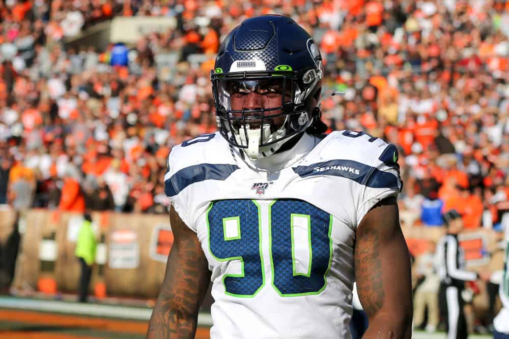 Seattle Seahawks defensive end Jadeveon Clowney (90) makes his way to the bench during the fourth quarter of the National Football League game between the Seattle Seahawks and Cleveland Browns on October 13, 2019, at FirstEnergy Stadium in Cleveland, OH.