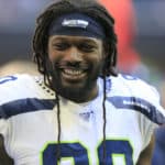 Seattle Seahawks Defensive End Jadeveon Clowney (90) on the sidelines during the regular season NFL game between the Seattle Seahawks and the Atlanta Falcons at the Mercedes-Benz Stadium on October 27, 2019 in Atlanta, Georgia.