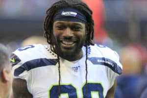 Seattle Seahawks Defensive End Jadeveon Clowney (90) on the sidelines during the regular season NFL game between the Seattle Seahawks and the Atlanta Falcons at the Mercedes-Benz Stadium on October 27, 2019 in Atlanta, Georgia.