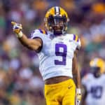 LSU Tigers safety Grant Delpit (9) celebrates during a game between the LSU Tigers and Southeastern Louisiana Lions at Tiger Stadium in Baton Rouge, Louisiana on September 8, 2018.