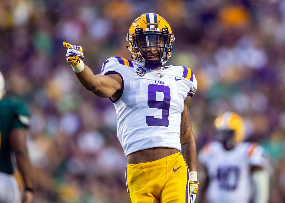 LSU Tigers safety Grant Delpit (9) celebrates during a game between the LSU Tigers and Southeastern Louisiana Lions at Tiger Stadium in Baton Rouge, Louisiana on September 8, 2018.