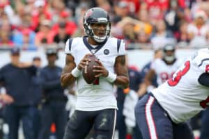 Deshaun Watson (4) of the Texans sets up to throw the ball downfield during the regular season game between the Houston Texans and the Tampa Bay Buccaneers on December 21, 2019 at Raymond James Stadium in Tampa, Florida.