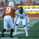 Baylor Bears CB Jameson Houston (11) gets ready for a play during 23 -17 loss to the Texas Longhorns on October 13, 2018, at Darrell K Royal-Texas Memorial Stadium in Austin, Texas.