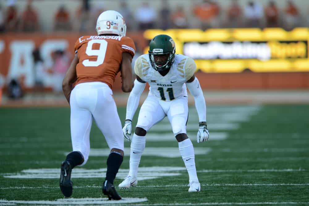 Baylor Bears CB Jameson Houston (11) gets ready for a play during 23 -17 loss to the Texas Longhorns on October 13, 2018, at Darrell K Royal-Texas Memorial Stadium in Austin, Texas.