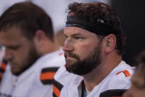 Cleveland Browns offensive lineman Joe Thomas (73) on the sidelines during the NFL game between the Cleveland Browns and Indianapolis Colts on September 24, 2017, at Lucas Oil Stadium in Indianapolis, IN.