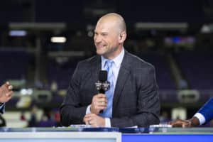 Sportscaster Joe Thomas on the set of NFL Network’s Thursday Night Football broadcast after an NFL regular season game between the Washington Redskins and Minnesota Vikings on Thursday, Oct. 24, 2019 in Minneapolis. The Vikings won, 19-9.