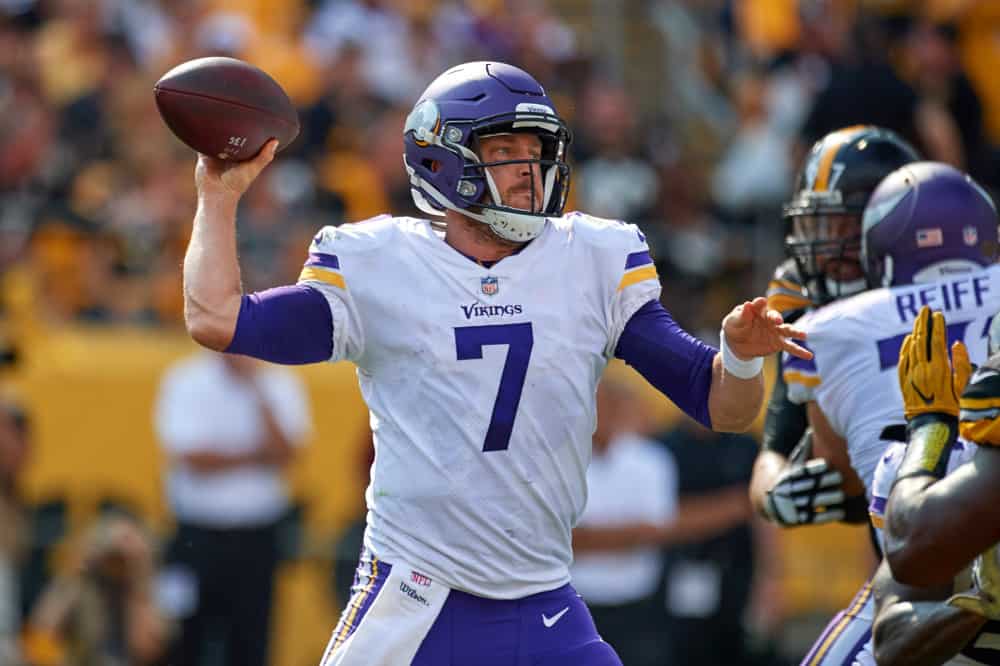 Quarterback Case Keenum #7 of the Minnesota Vikings looks to throw the football during an NFL football game between the Minnesota Vikings and the Pittsburgh Steelers on September 17, 2017 at Heinz Field in Pittsburgh, PA.