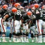 Bernie Kosar (19) in front of his offensive line in a game against the New York Jets, Sunday, Oct. 6, 1991 played at Cleveland Stadium in Cleveland. The Jets defeated the Browns 17 to 14.