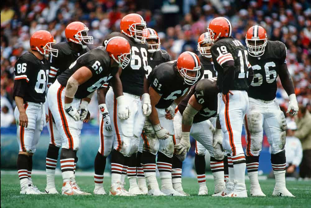 Bernie Kosar (19) in front of his offensive line in a game against the New York Jets, Sunday, Oct. 6, 1991 played at Cleveland Stadium in Cleveland. The Jets defeated the Browns 17 to 14. 