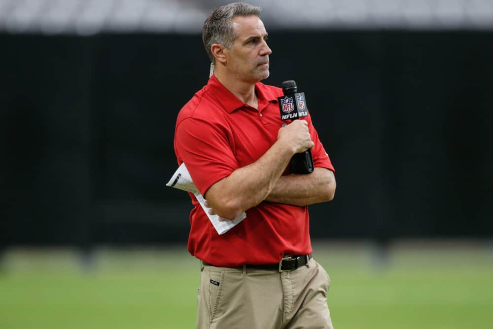 NFL Network analyst Kurt Warner watches practice from the sideline during the Arizona Cardinals training camp on Aug 8, 2018 at University of Phoenix Stadium in Glendale, Arizona. 