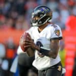 Baltimore Ravens quarterback Lamar Jackson (8) looks to pass during the third quarter of the National Football League game between the Baltimore Ravens and Cleveland Browns on December 22, 2019, at FirstEnergy Stadium in Cleveland, OH.
