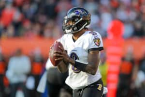 Baltimore Ravens quarterback Lamar Jackson (8) looks to pass during the third quarter of the National Football League game between the Baltimore Ravens and Cleveland Browns on December 22, 2019, at FirstEnergy Stadium in Cleveland, OH.