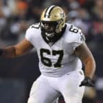 New Orleans Saints offensive guard Larry Warford (67) in game action during a game between the Chicago Bears and the New Orleans Saints on October 20, 2019 at Soldier Field in Chicago, IL.