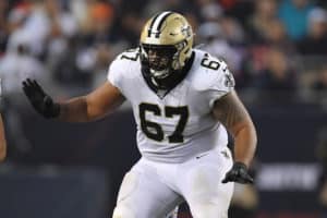 New Orleans Saints offensive guard Larry Warford (67) in game action during a game between the Chicago Bears and the New Orleans Saints on October 20, 2019 at Soldier Field in Chicago, IL.