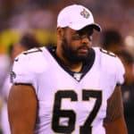 New Orleans Saints offensive guard Larry Warford (67) on the sideline during the Preseason National Football League game between the New Orleans Saints and the New York Jets on August 24, 2019 at MaeLife Stadium in East Rutherford, NJ.