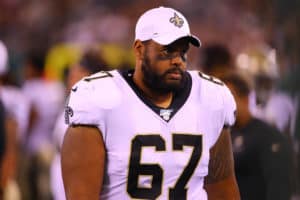 New Orleans Saints offensive guard Larry Warford (67) on the sideline during the Preseason National Football League game between the New Orleans Saints and the New York Jets on August 24, 2019 at MaeLife Stadium in East Rutherford, NJ.