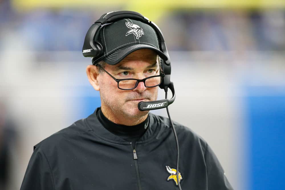 Minnesota Vikings head coach Mike Zimmer looks on during regular season game action between the Minnesota Vikings and the Detroit Lions on October 20, 2019 at Ford Field in Detroit, Michigan. 