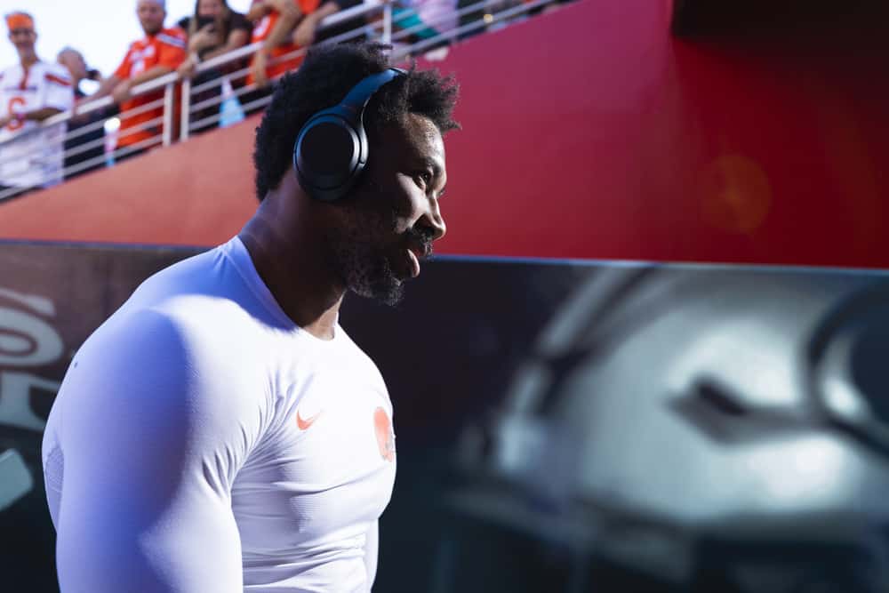 Cleveland Browns defensive end Myles Garrett (95) during the NFL regular season football game against the San Francisco 49ers on Monday, Oct. 7, 2019 at Levi's Stadium in Santa Clara, Calif. 