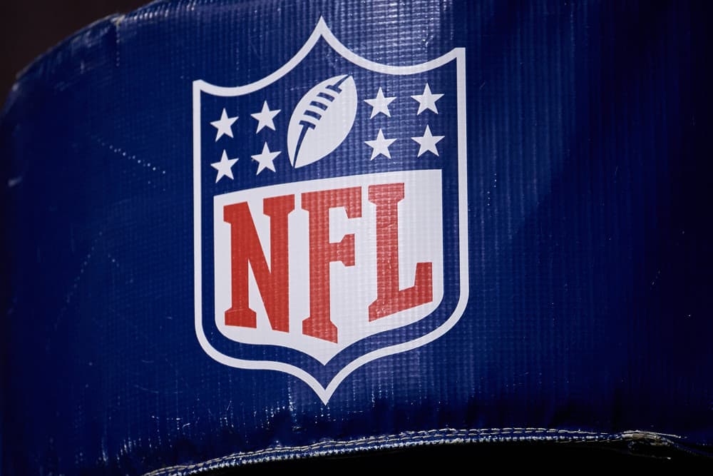 A detailed view of the NFL crest logo is seen on a goal post pad in action during a NFL game between the Chicago Bears and the Minnesota Vikings on November 18, 2018 at Soldier Field, in Chicago, Illinois. 