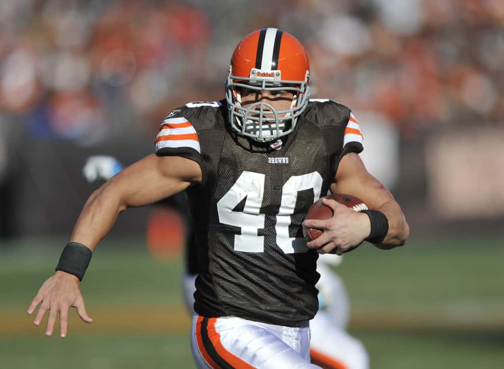 Cleveland Browns running back Peyton Hillis finds an opening during the Browns 24-23 win over the Carolina Panthers at Cleveland Browns Stadium in Cleveland, Ohio.