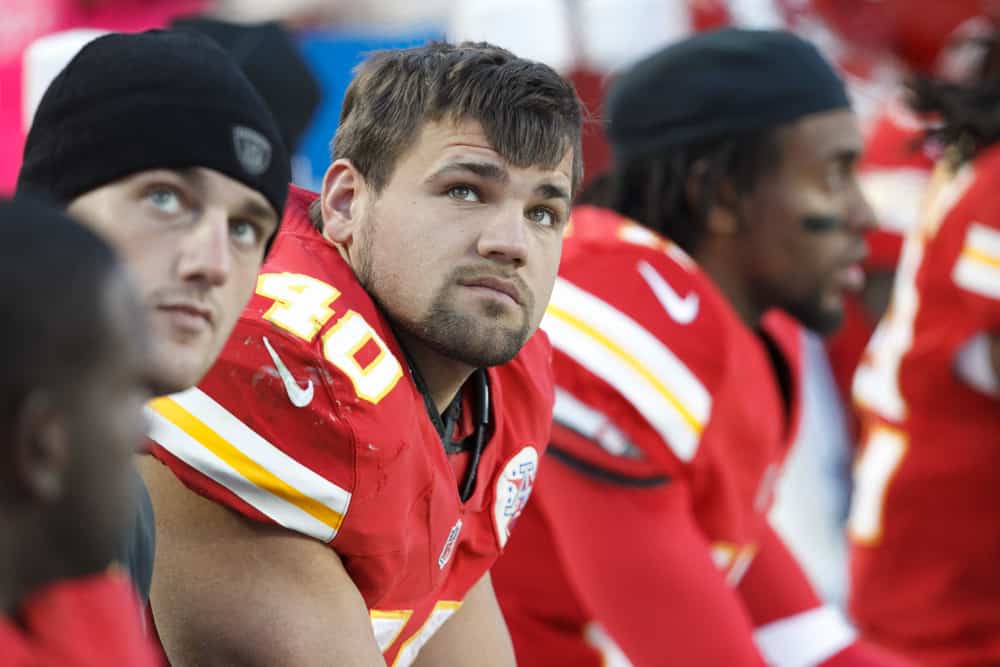 Kansas City Chiefs running back Peyton Hillis (40) watches a replay during a challenged interception in the fourth quarter of the Oakland Raiders 26-16 victory over the Kansas City Chiefs at Arrowhead Stadium in Kansas City, Missouri.