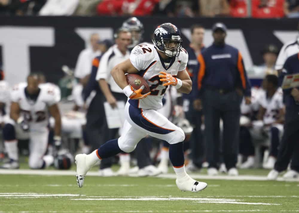 Denver Broncos FB Peyton Hillis (22) rushes in the Denver Broncos 24-20 victory over the Atlanta Falcons at the Georgia Dome in Atlanta Georgia.