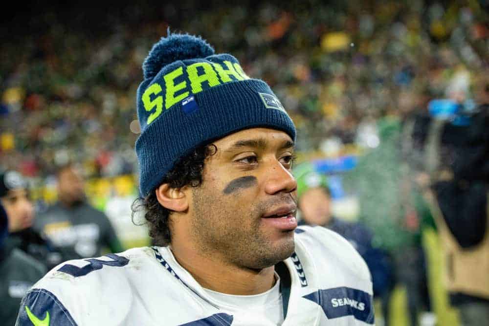 Russell Wilson in seahawks stocking cap