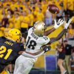 Colorado Buffaloes wide receiver Tony Brown (18) catches a touchdown pass defended by Arizona State Sun Devils defensive back Jack Jones (21) during the college football game between the Colorado Buffaloes and the Arizona State Sun Devils on September 21, 2019 at Sun Devil Stadium in Tempe, Arizona.