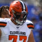 Cleveland Browns offensive guard Wyatt Teller (77) warms up prior to the game against the Baltimore Ravens on September 29, 2019, at M&T Bank Stadium in Baltimore, MD.