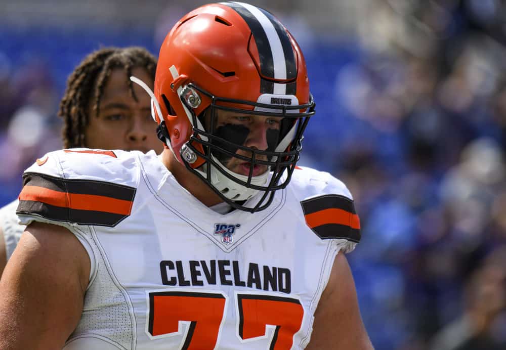 Cleveland Browns offensive guard Wyatt Teller (77) warms up prior to the game against the Baltimore Ravens on September 29, 2019, at M&T Bank Stadium in Baltimore, MD. 