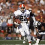 Eric Metcalf #21 of the Cleveland Browns rushes during the NFL game against the Los Angeles Raiders on September 20, 1992. The Browns defeated the Raiders 28-16.