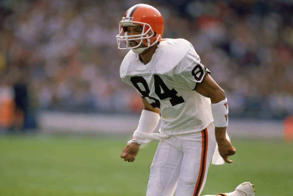 Webster Slaughter #84 of the Cleveland Browns runs onto the field during a NFL game on October 16, 1988 against the Philadelphia Eagles. The Browns defeated the Eagles 19-3.