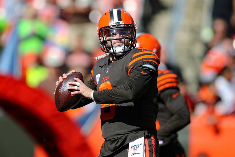 CLEVELAND, OH - OCTOBER 13: Cleveland Browns quarterback Baker Mayfield (6) warms up prior to the National Football League game between the Seattle Seahawks and Cleveland Browns on October 13, 2019, at FirstEnergy Stadium in Cleveland, OH. 